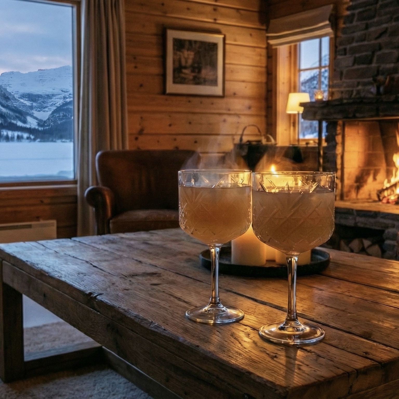 A warm winter cocktail on a table, ready to serve