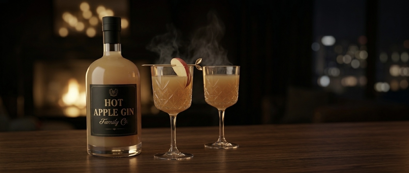 A stemmed glass of warm Hot Apple Gin with an apple slice and cinnamon