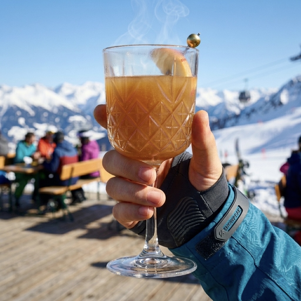 Mittened hands cradling a steaming mug on a snowy mountain lodge terrace at dusk