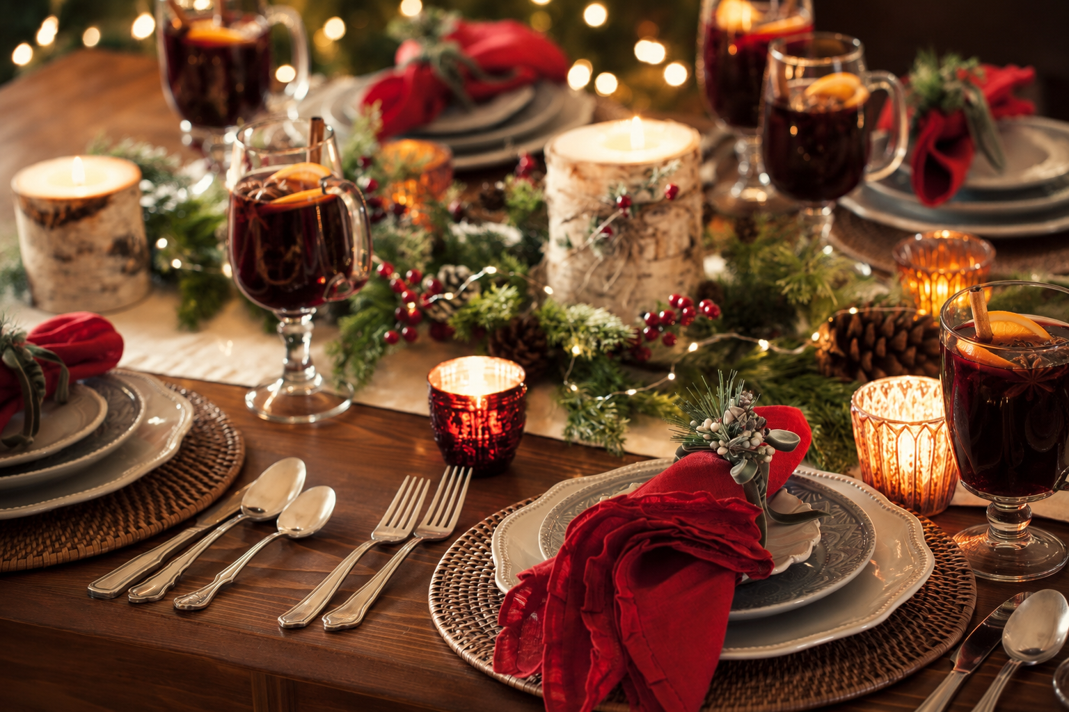 A candlelit Christmas dinner table with a glass of warm spiced wine beside a place setting