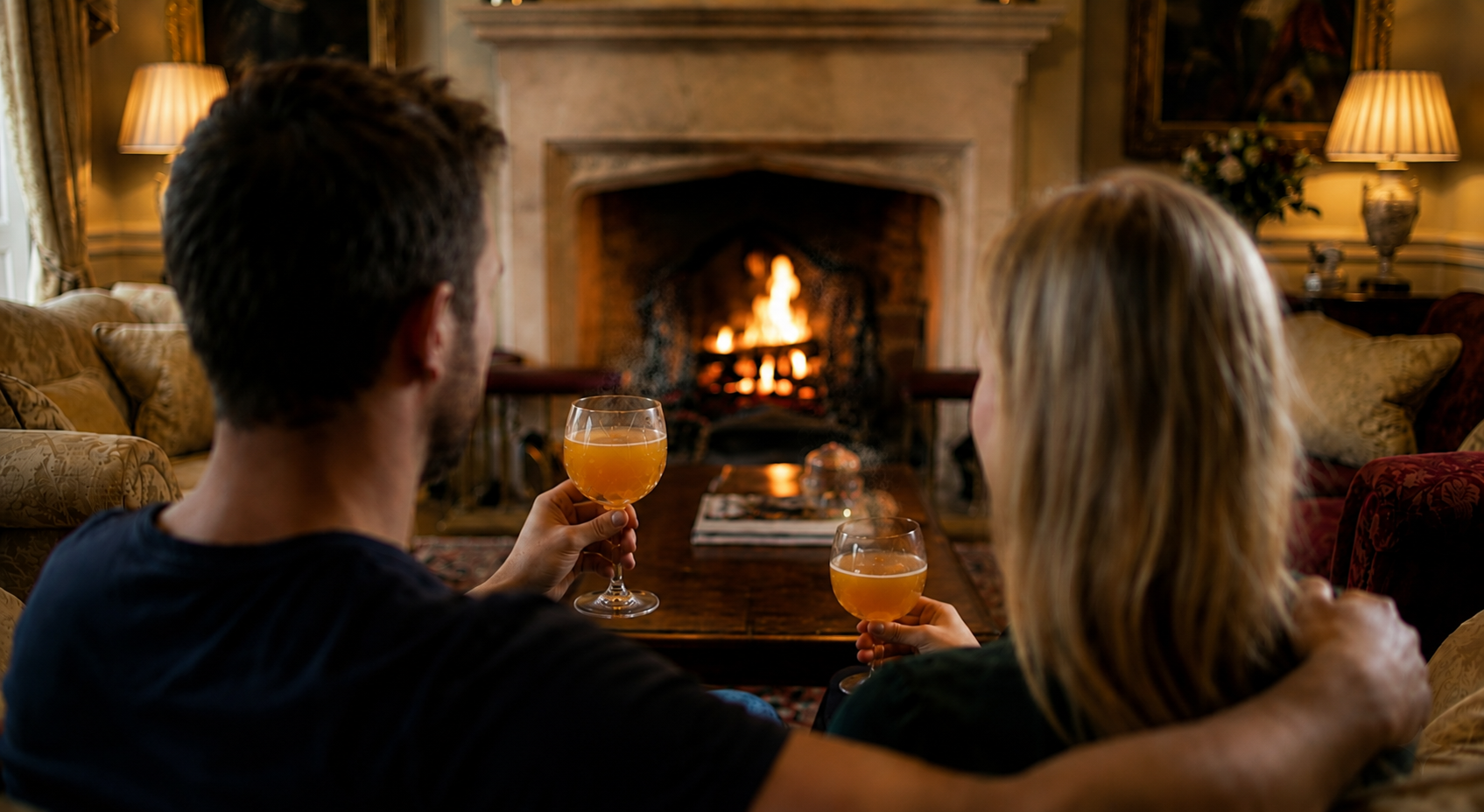 A single glass of warm spiced drink resting on a side table beside a glowing fireplace