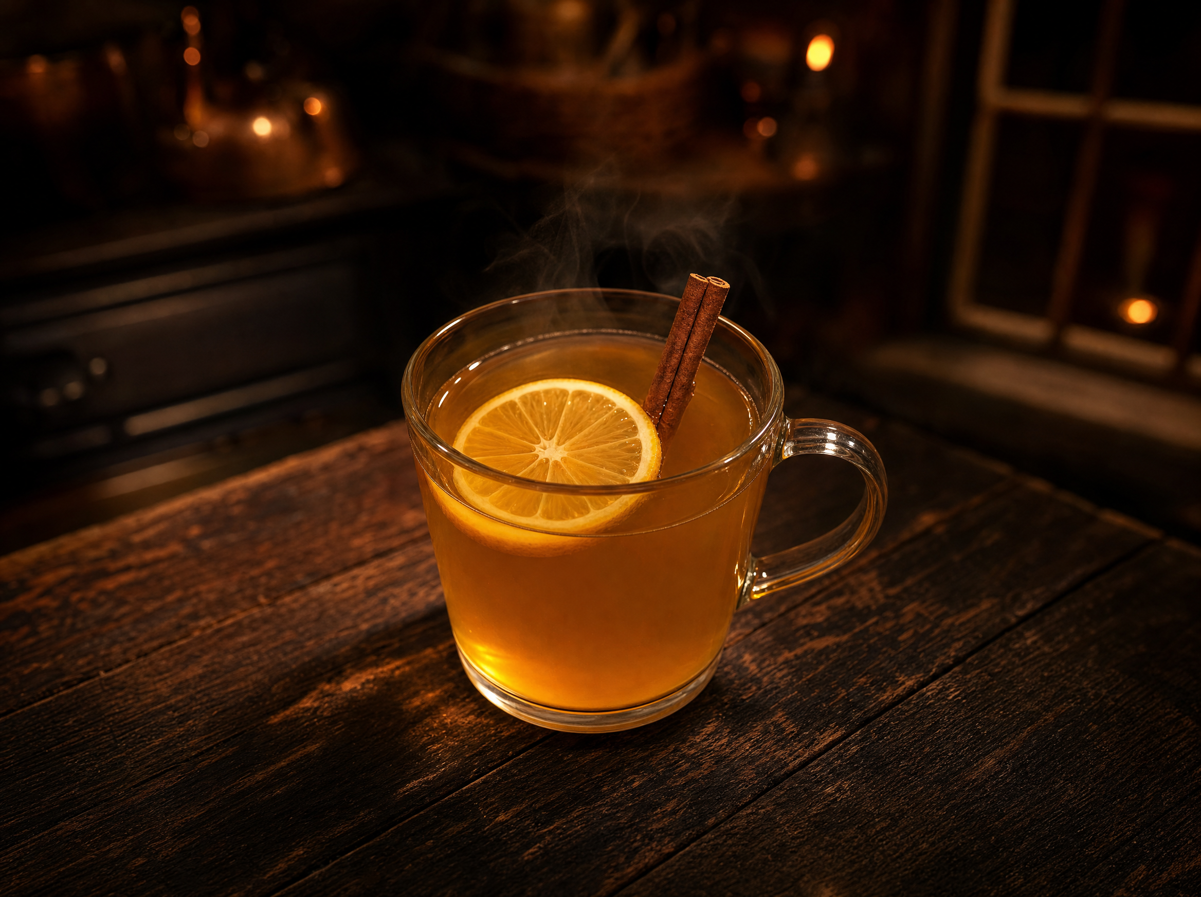 A mug of alcohol-free hot toddy with lemon, ginger and a cinnamon stick