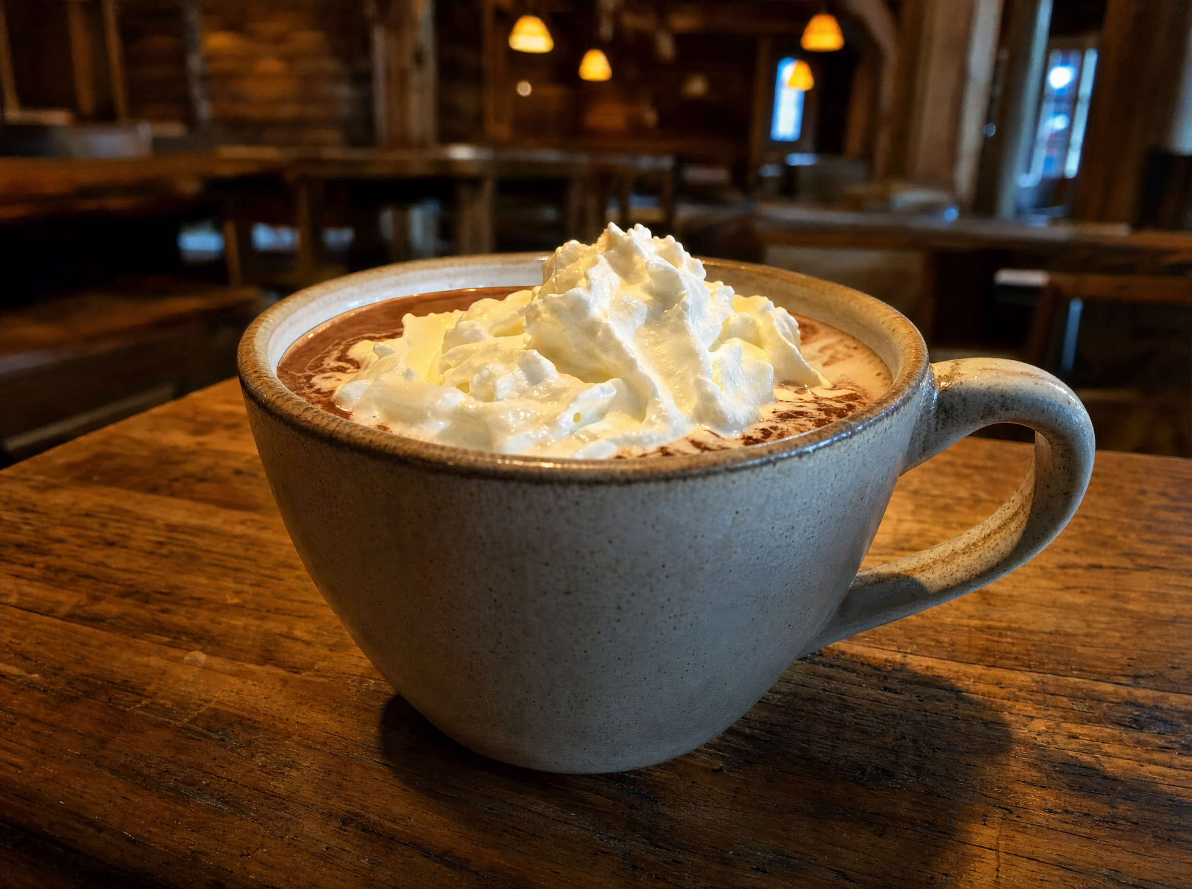 Mug of alpine hot cocoa cocktail topped with whipped cream and a dusting of cocoa