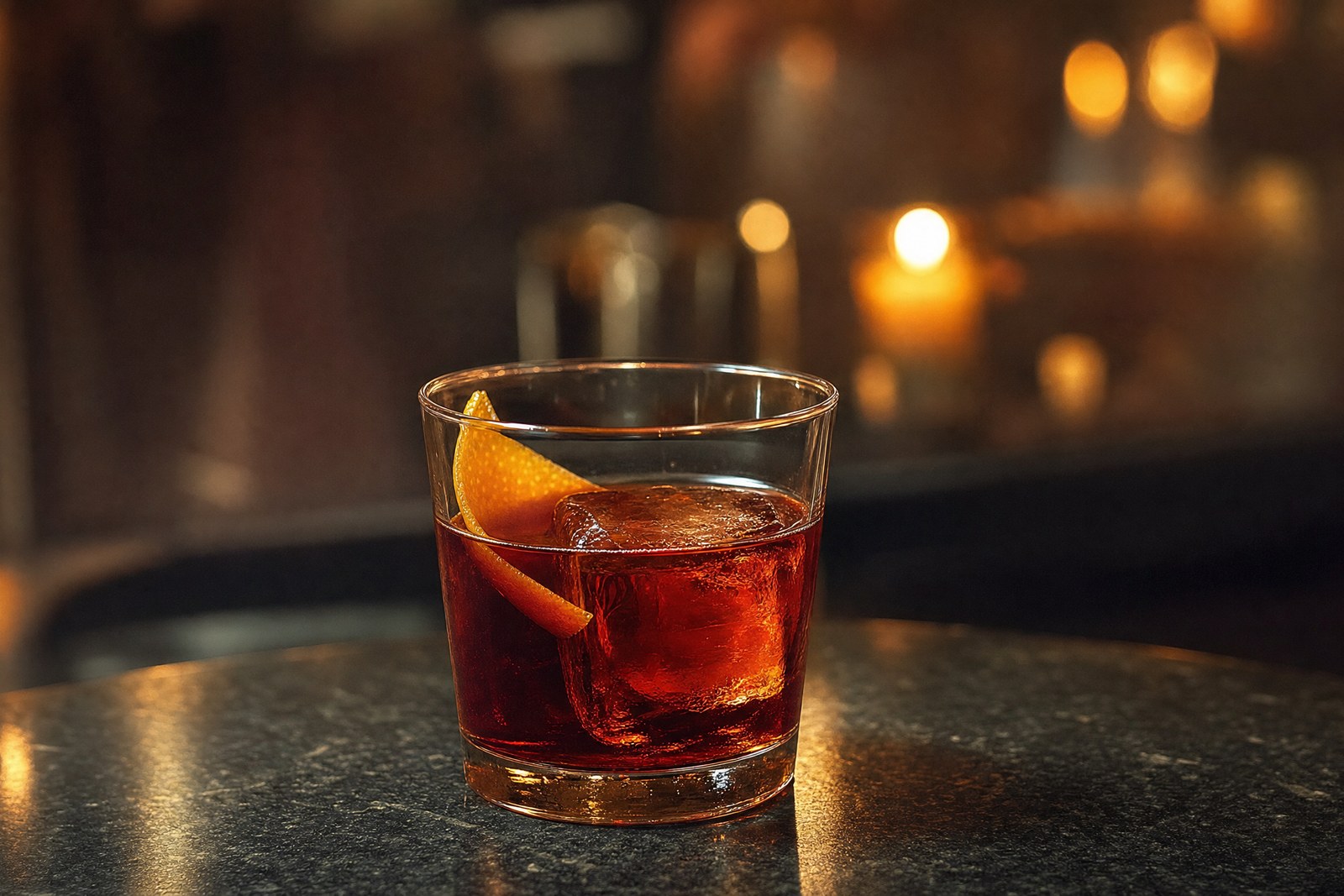 Boulevardier cocktail in a rocks glass over a large ice cube with an orange twist