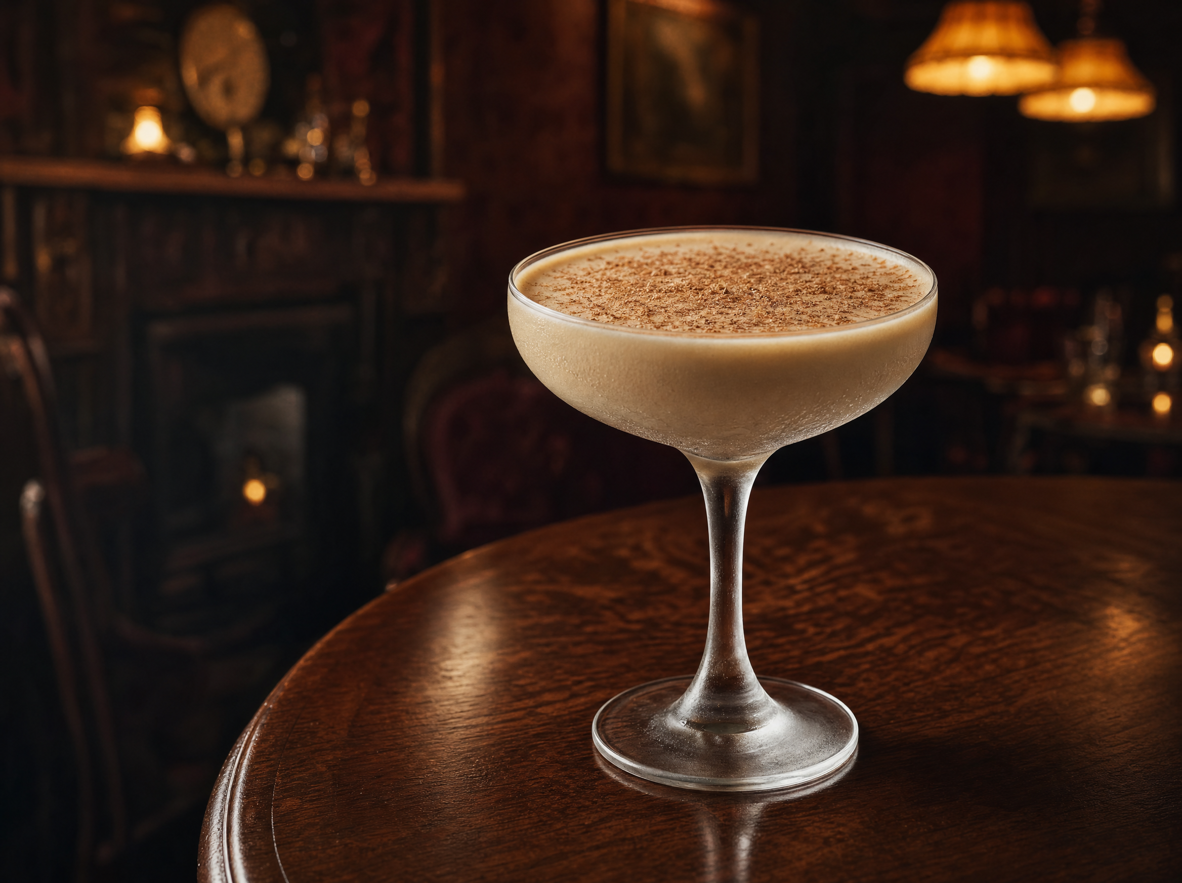 Coupe glass of pale brown brandy alexander with a dusting of freshly grated nutmeg