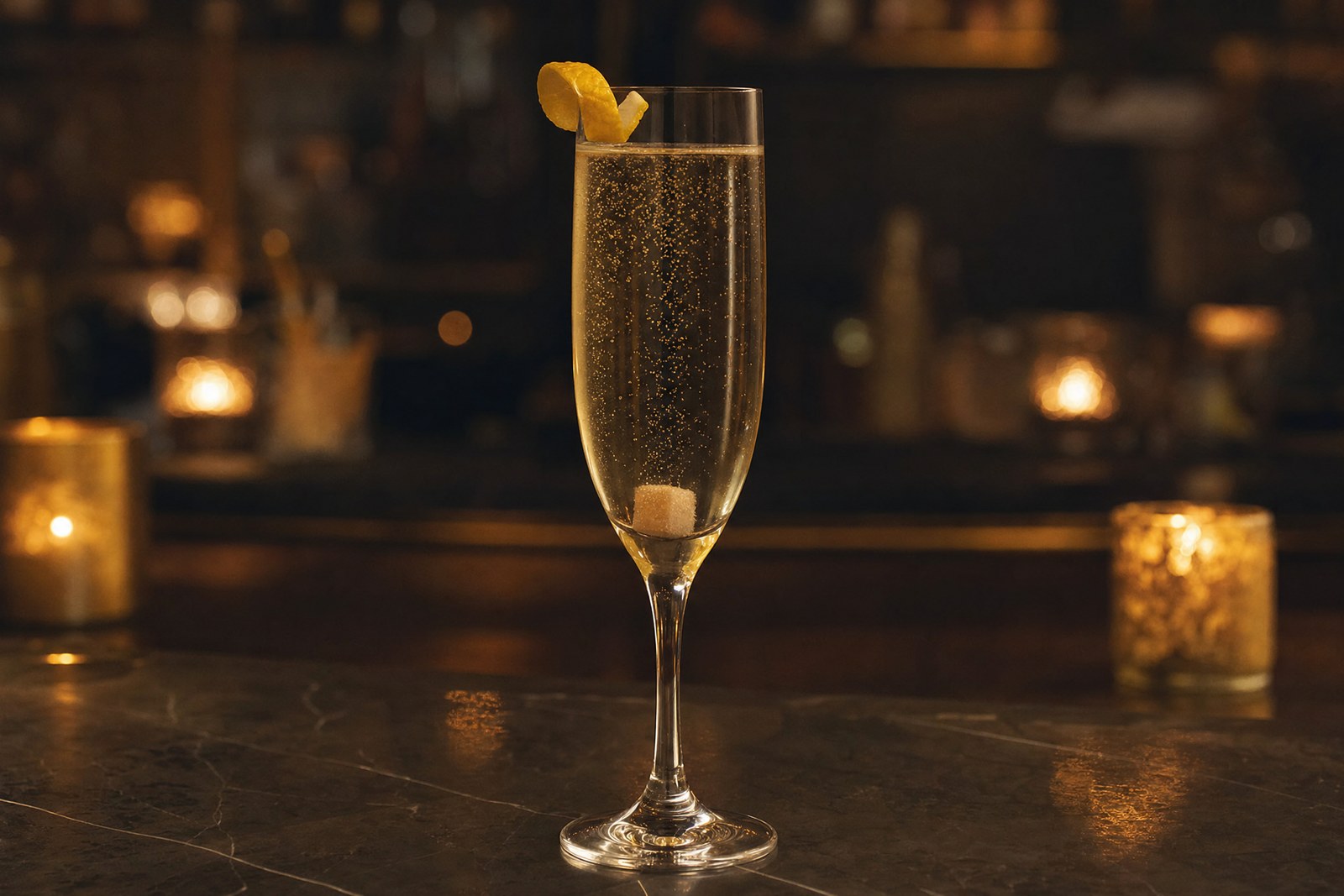 Champagne Cocktail in a flute with a sugar cube dissolving and bitters colouring the base