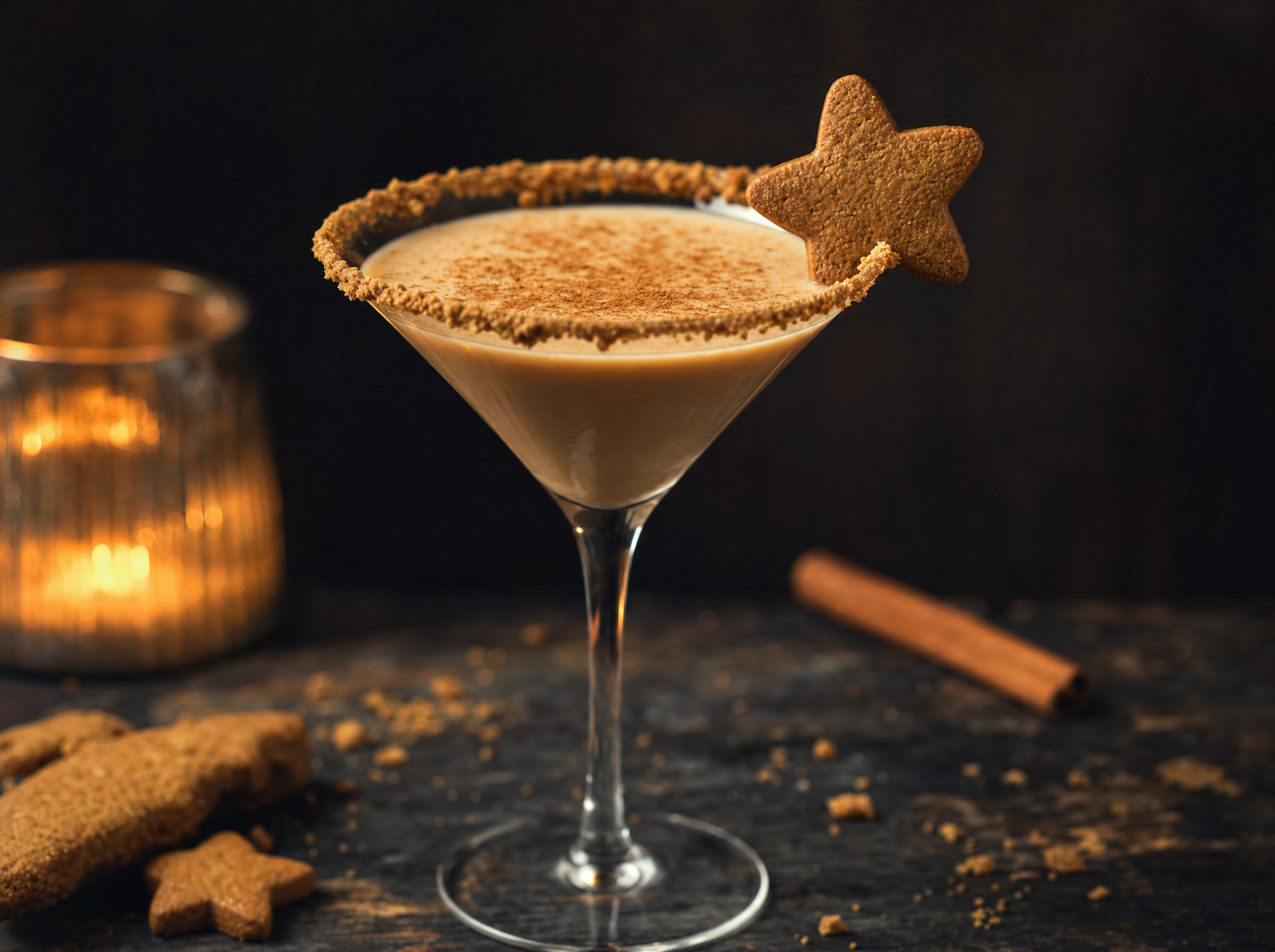 Creamy Gingerbread Martini with biscuit crumb rim and small gingerbread biscuit on the side