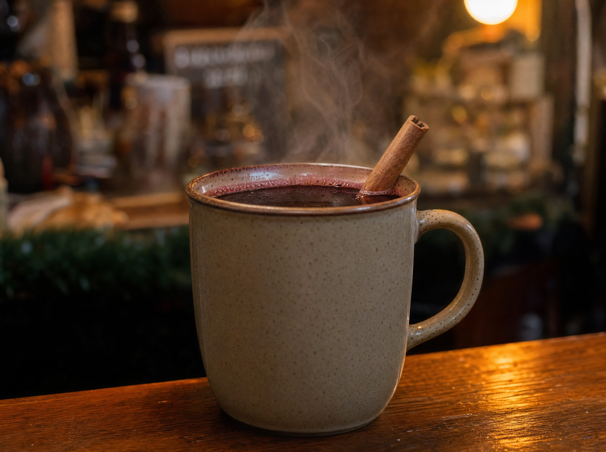 A heatproof glass of dark mulled beer with an orange slice, cinnamon stick and cloves.