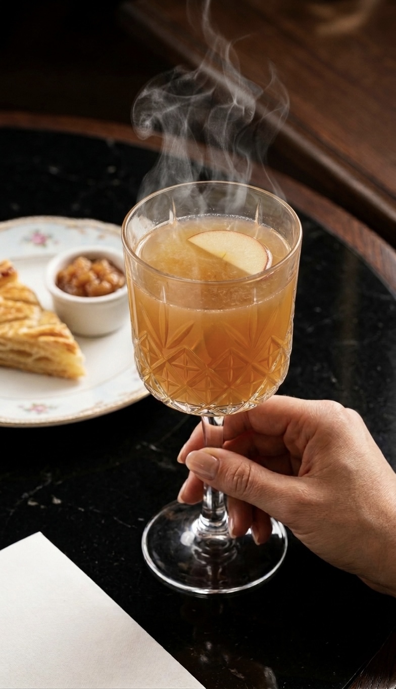 A stemmed glass of warm alcohol-free Hot Apple Gin 0.0 with an apple slice and cinnamon