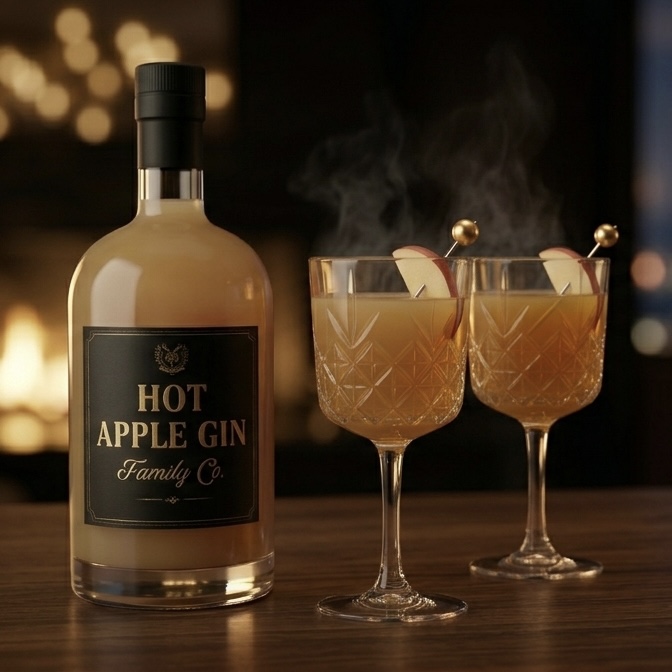 A stemmed glass of warm Hot Apple Gin with an apple slice and a dusting of cinnamon