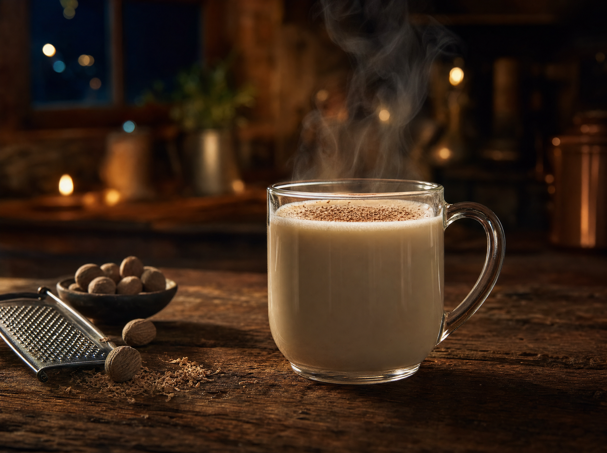 Hot bourbon milk punch in a mug with grated nutmeg on top