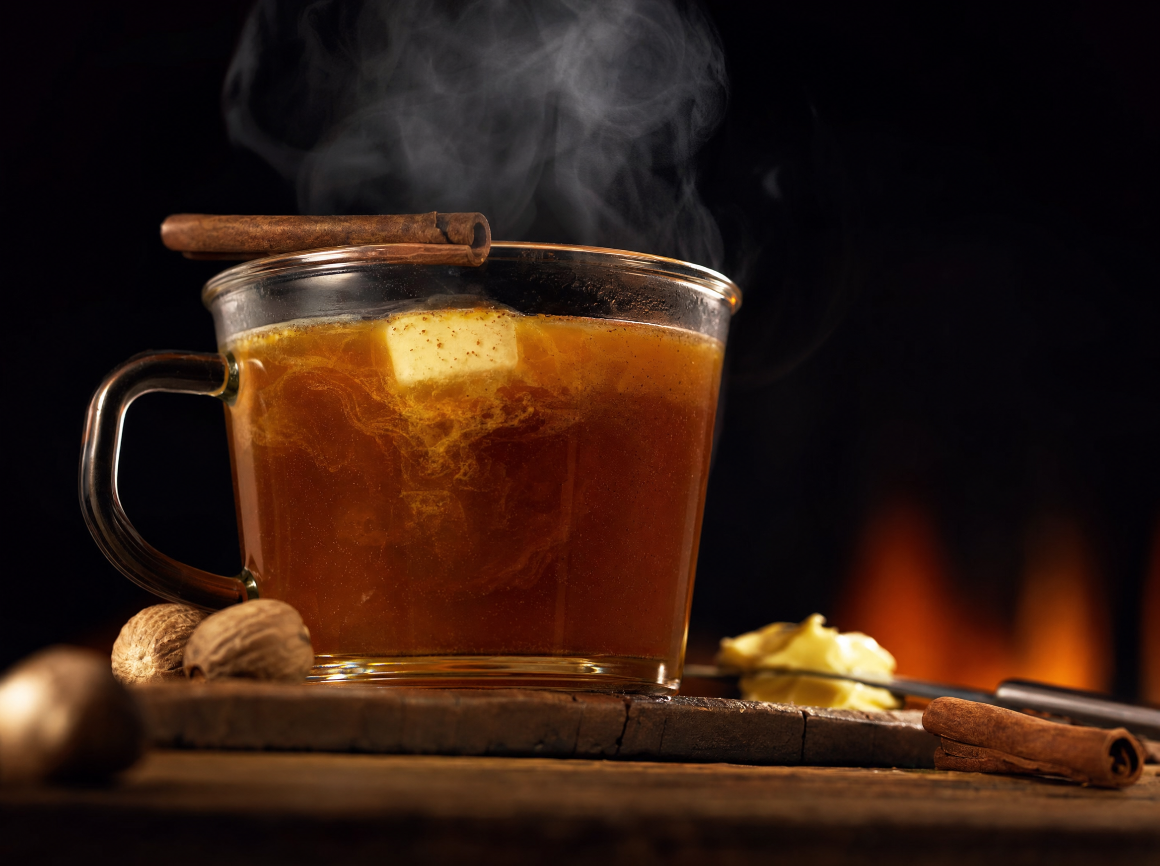 A mug of hot buttered rum topped with grated nutmeg and a cinnamon stick