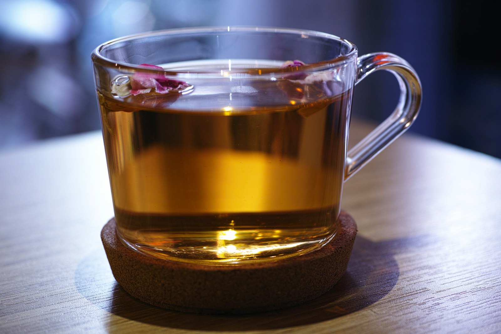 A heatproof mug of hot rosehip punch with an orange slice and cinnamon stick.
