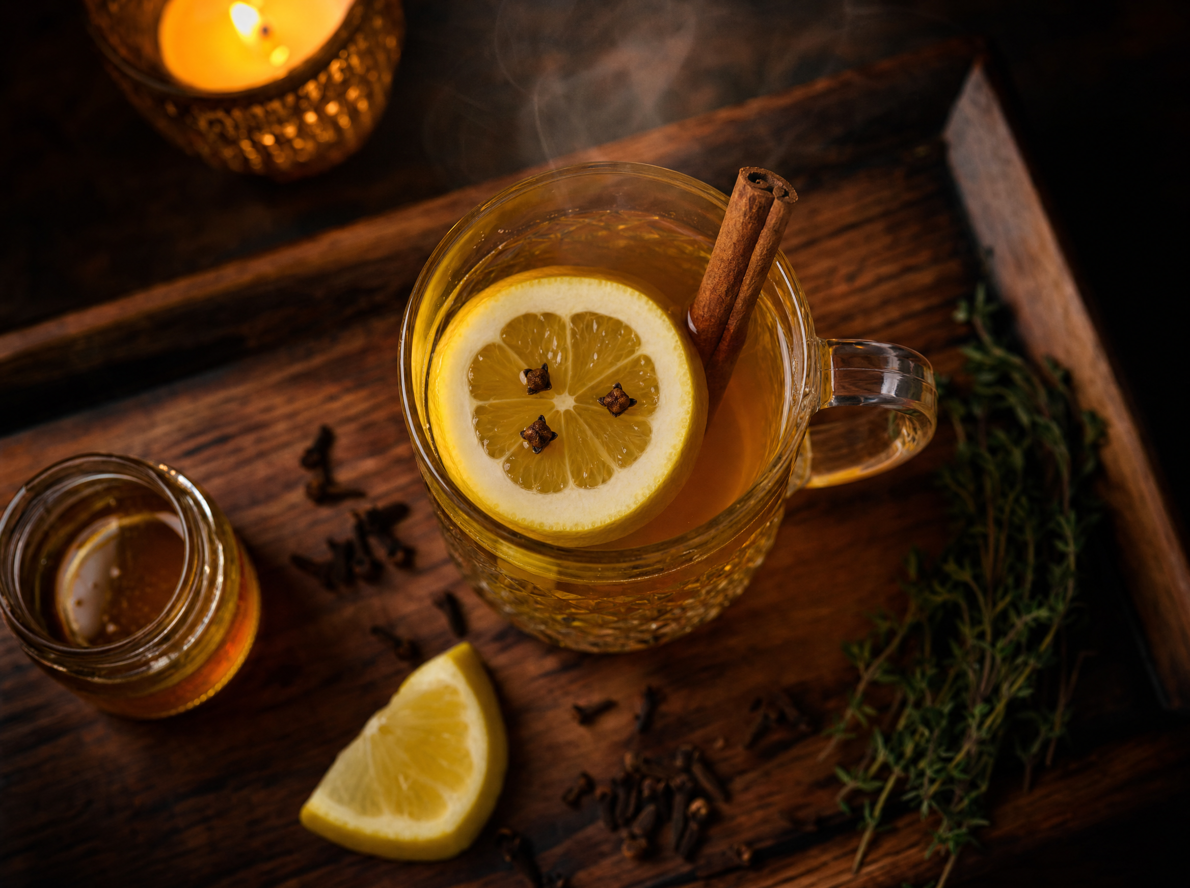 A steaming hot toddy in a glass mug with a lemon wheel and cinnamon stick