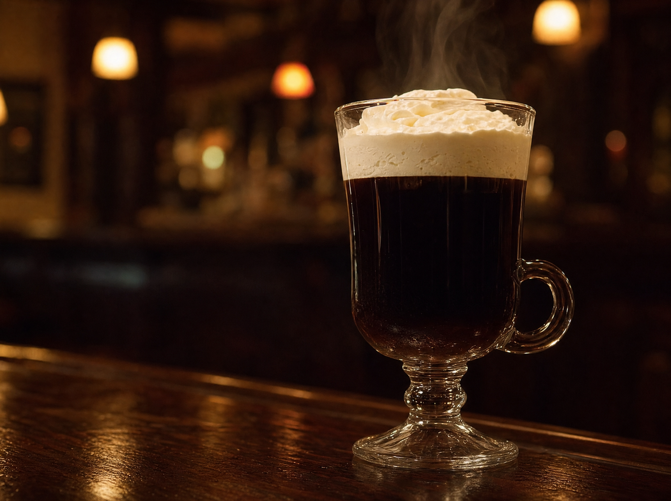An Irish coffee in a stemmed glass with a clean float of cream on top