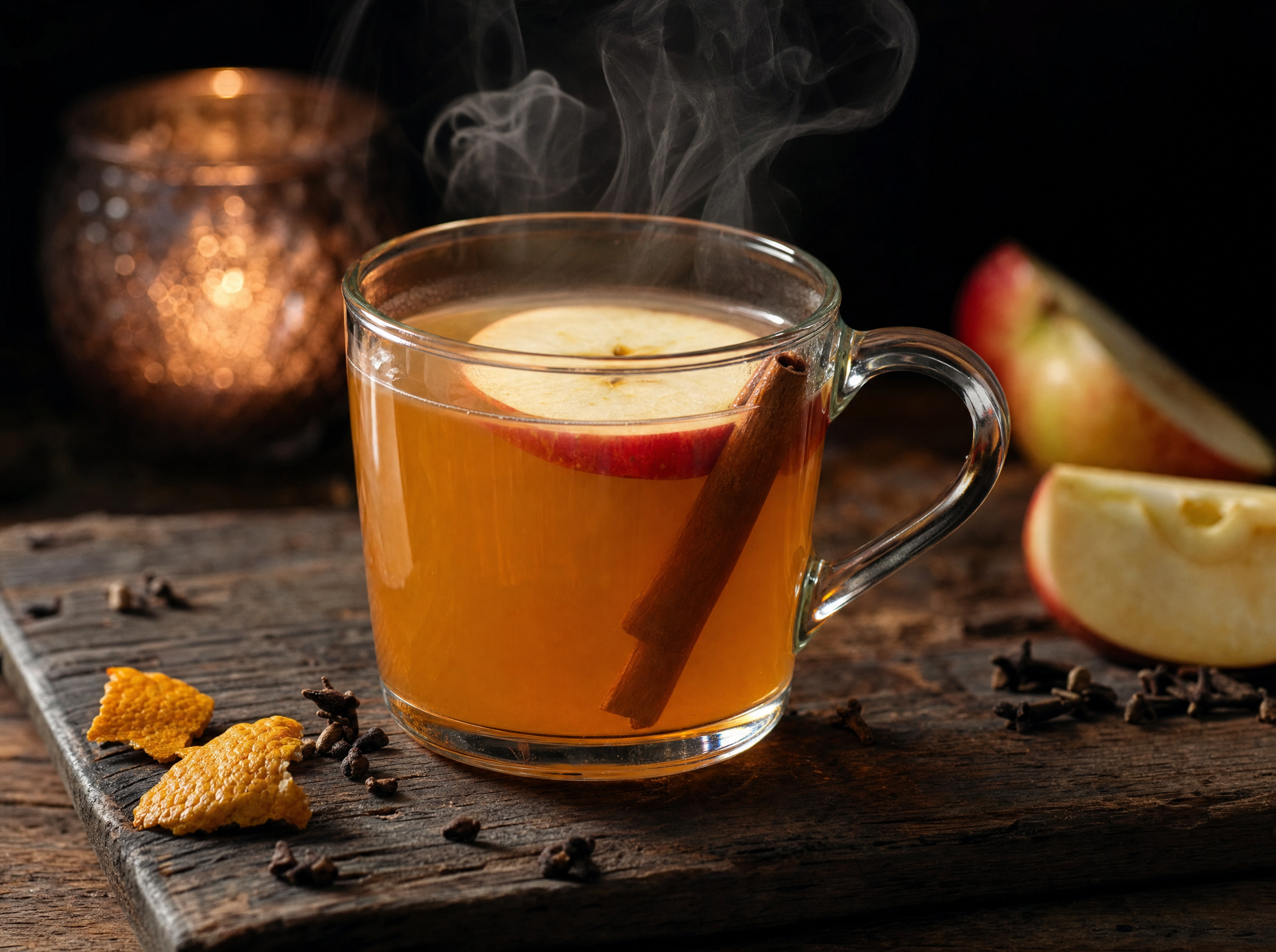 Mug of low-abv mulled cider with cinnamon stick and orange peel