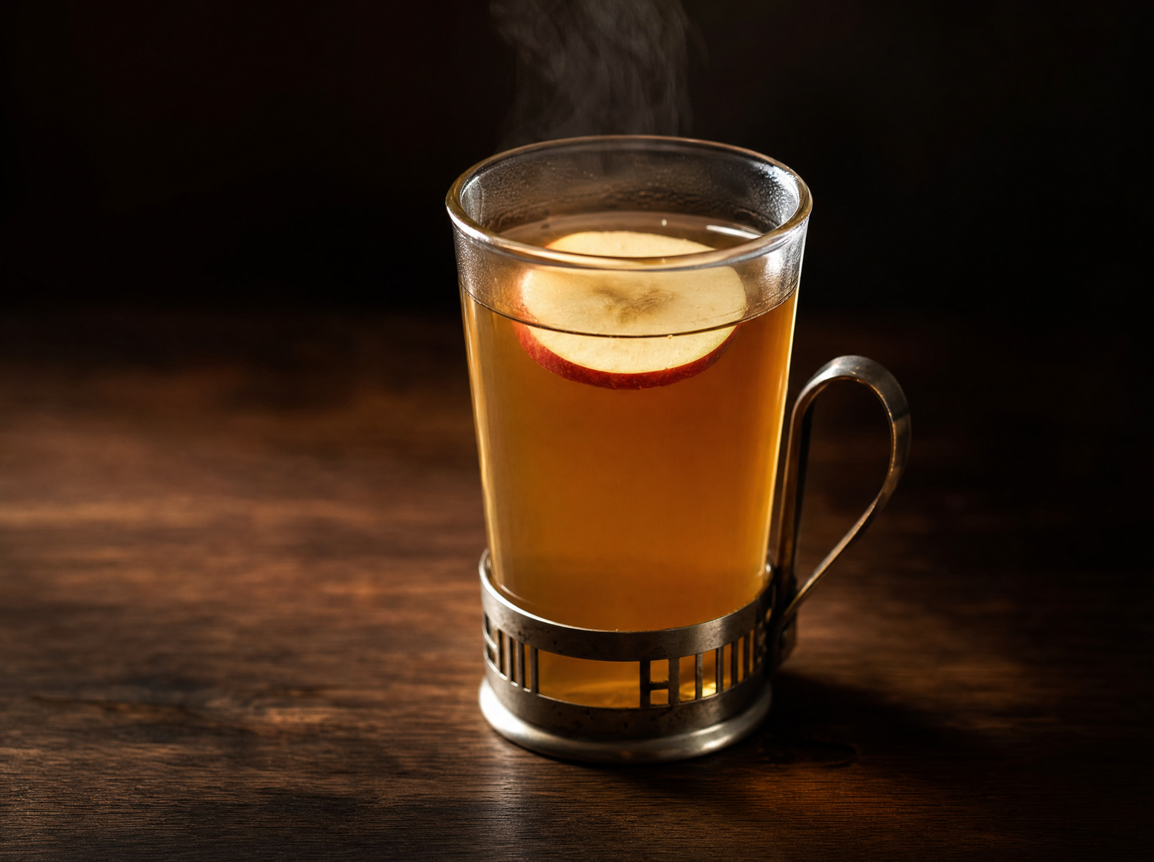 A mug of warm mulled apple cider with a floating apple slice and cinnamon stick