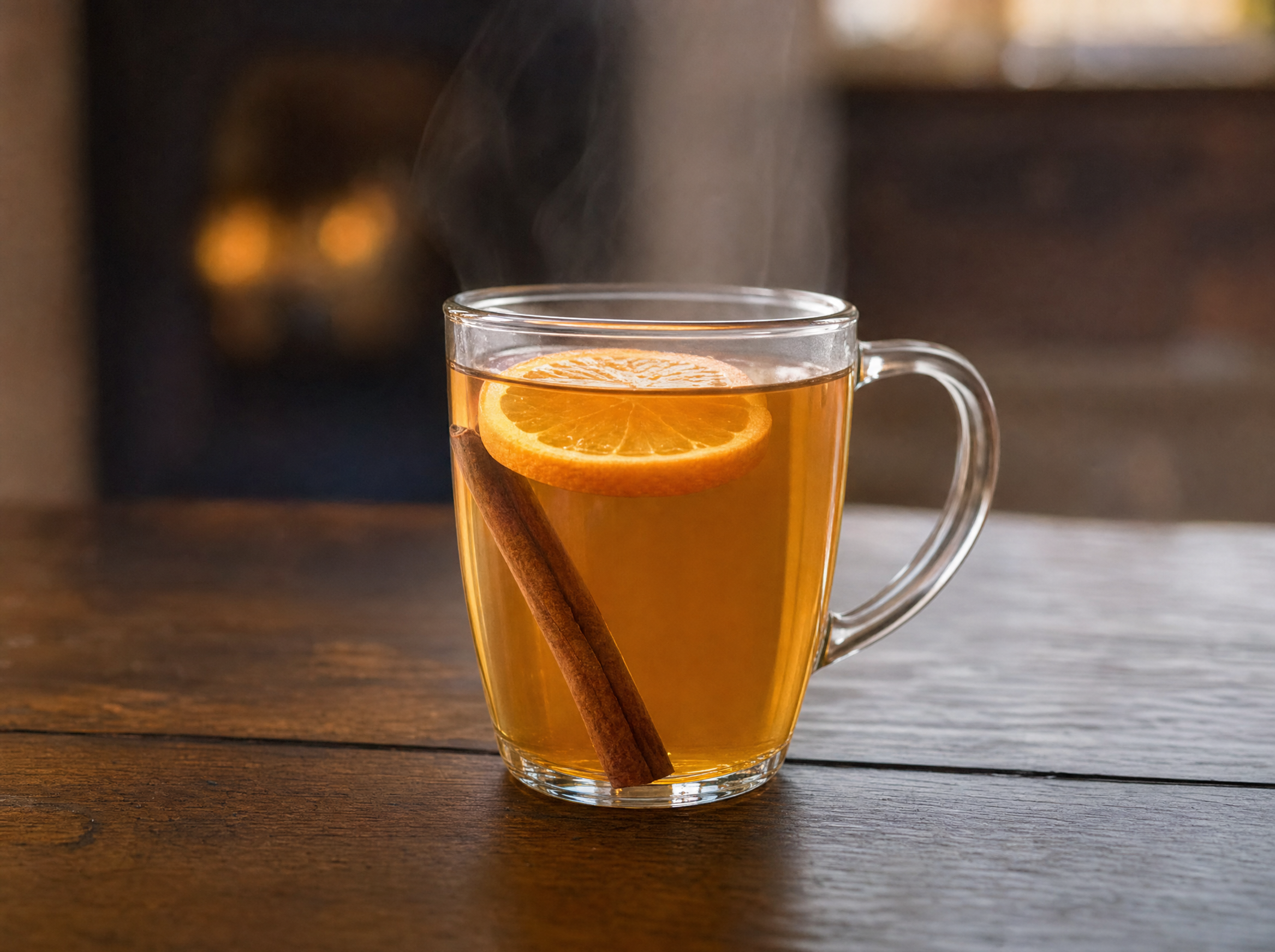 Mulled apple cider with bourbon in a heatproof mug garnished with an orange slice and cinnamon stick.
