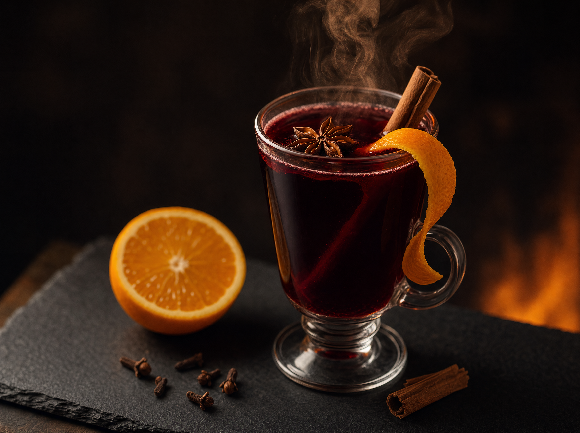 A pan and glass of mulled wine with orange zest, cinnamon sticks and bay leaves