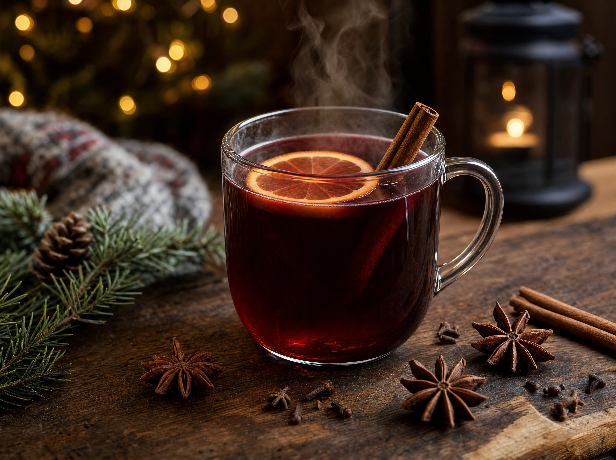 A glass of warm non-alcoholic mulled punch with orange, cinnamon and star anise