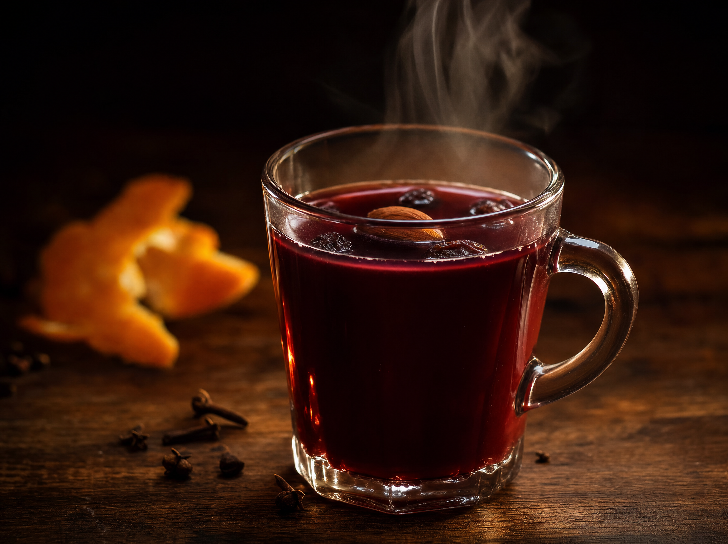 Norwegian glögg in a small heatproof glass with raisins and blanched almonds