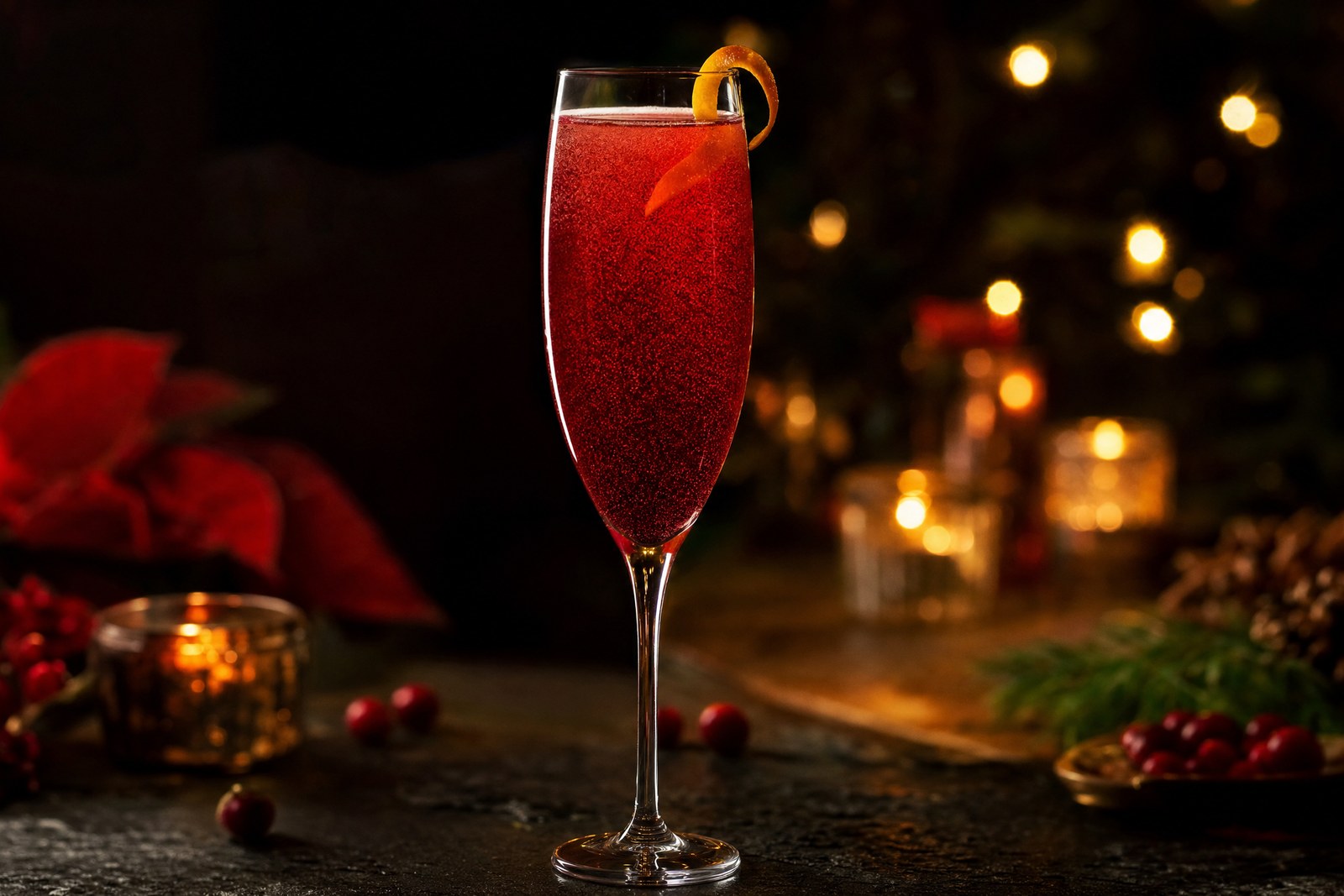 Poinsettia cocktail in a champagne flute, deep red cranberry and Champagne with an orange twist