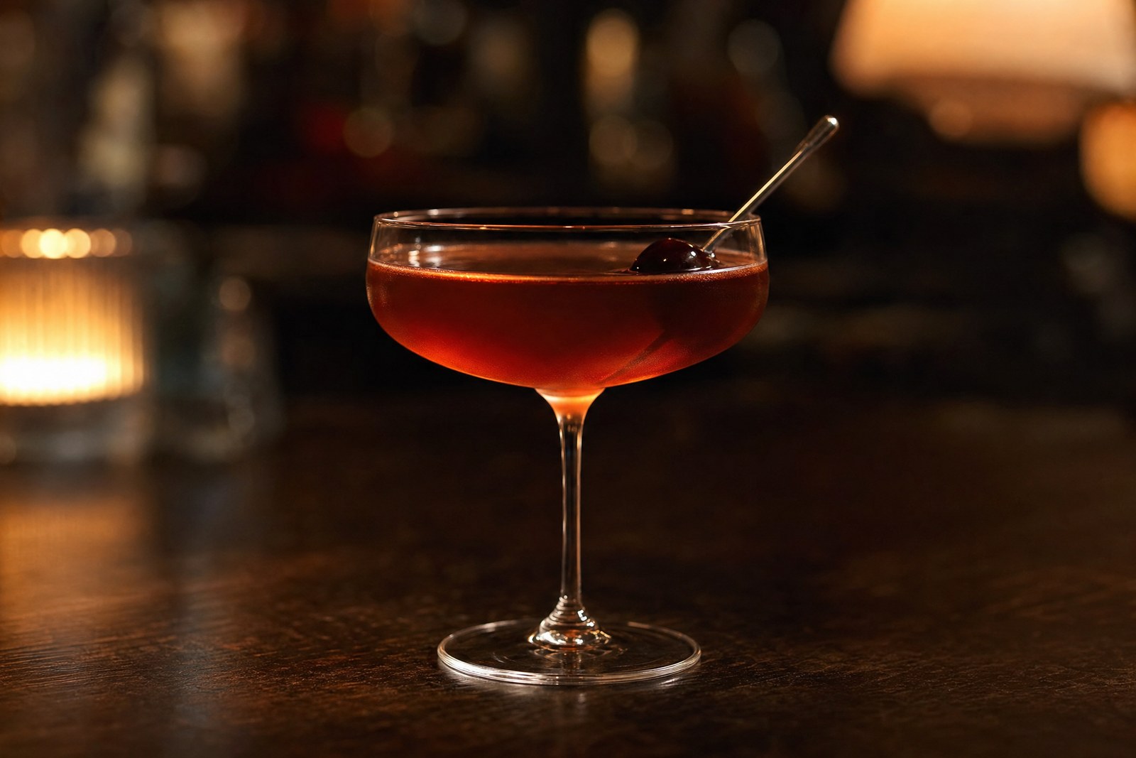 Rob Roy cocktail in a coupe glass with a maraschino cherry, Scotch whisky and sweet vermouth