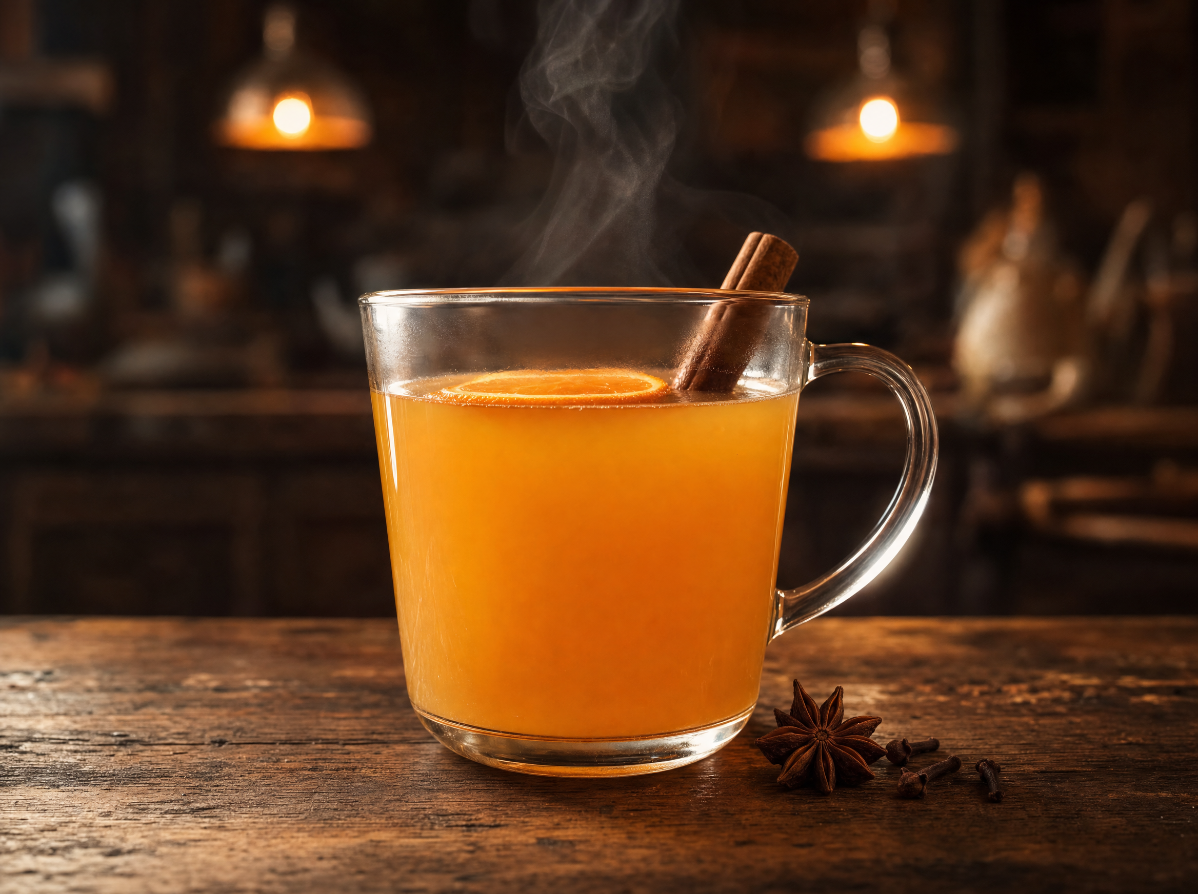 A mug of warm spiced apple and orange juice with a cinnamon stick and orange slice