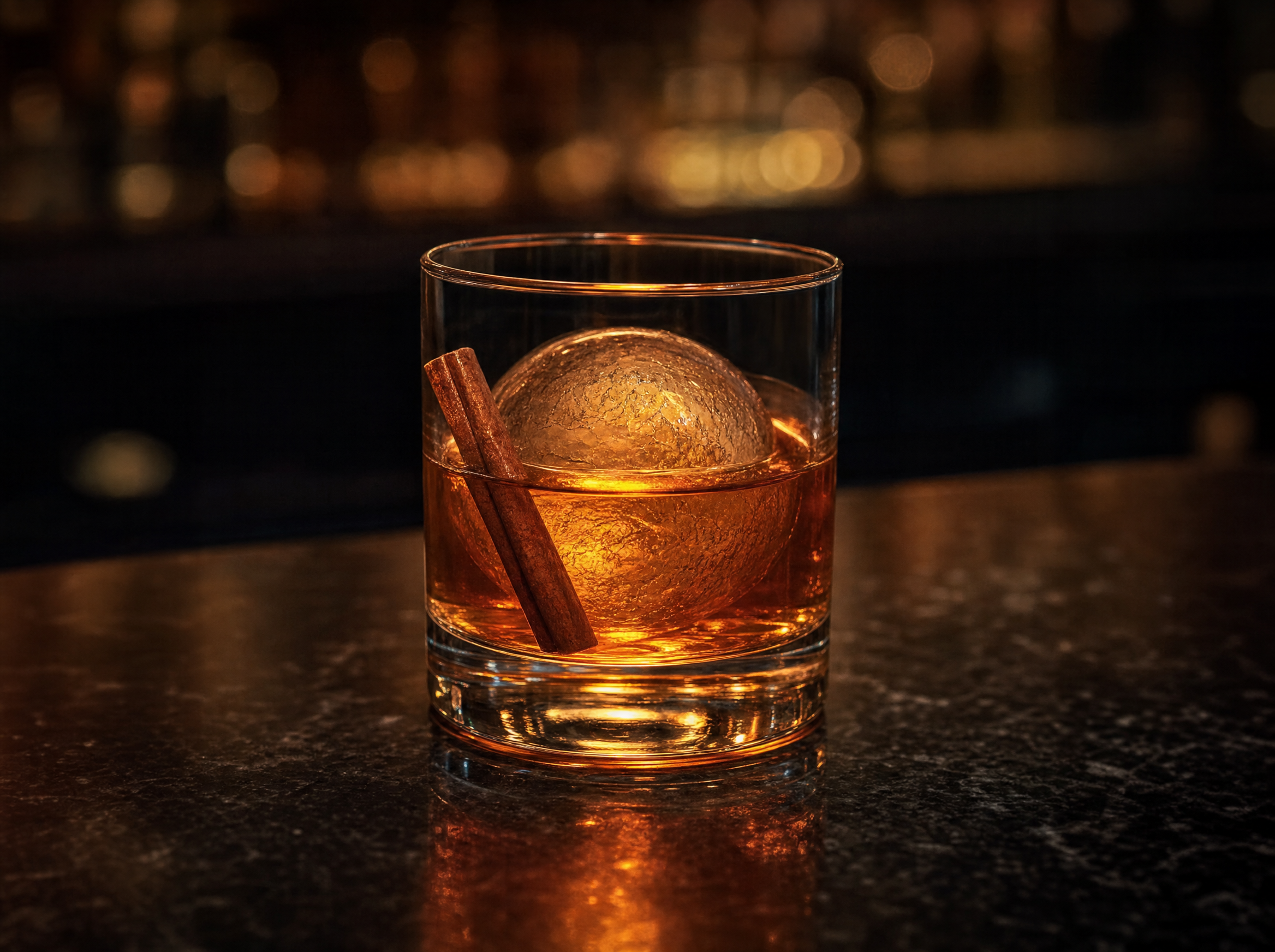 A spiced old fashioned in a rocks glass over a large ice cube with an orange peel garnish.