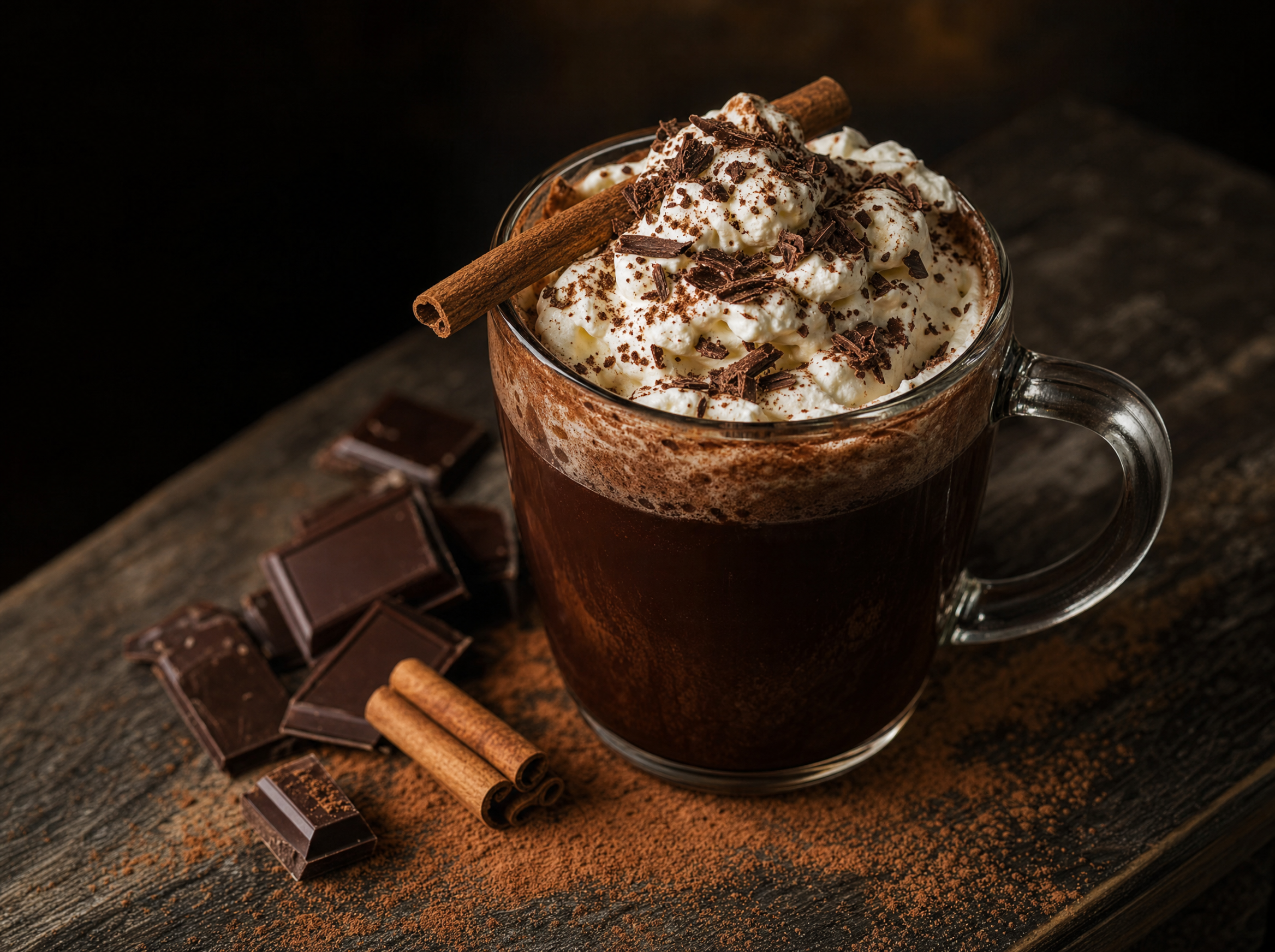 A mug of thick spiked hot chocolate topped with whipped cream and grated chocolate