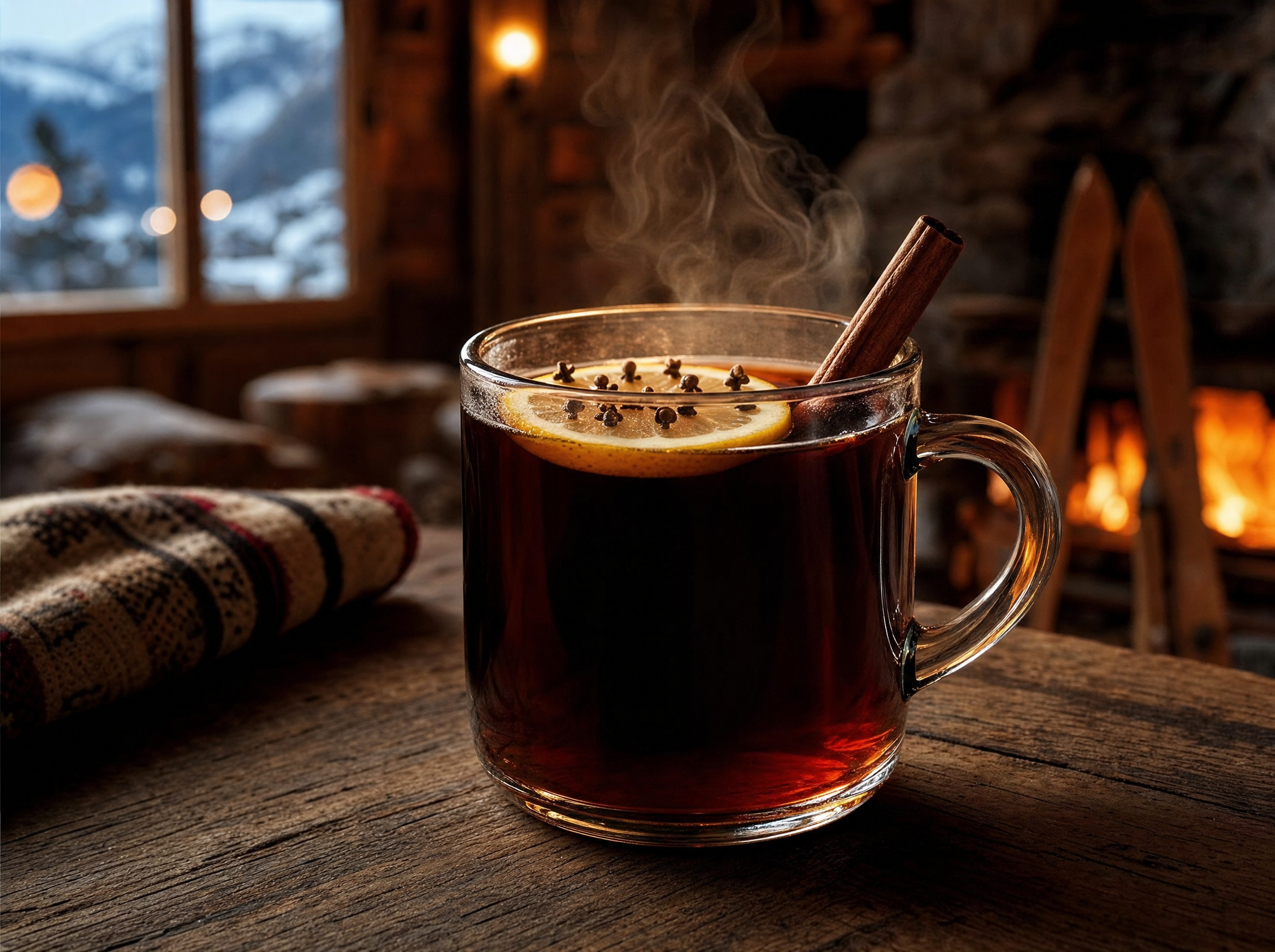 Steaming mug of Tirolean Jägertee with a clove-studded lemon slice and cinnamon stick