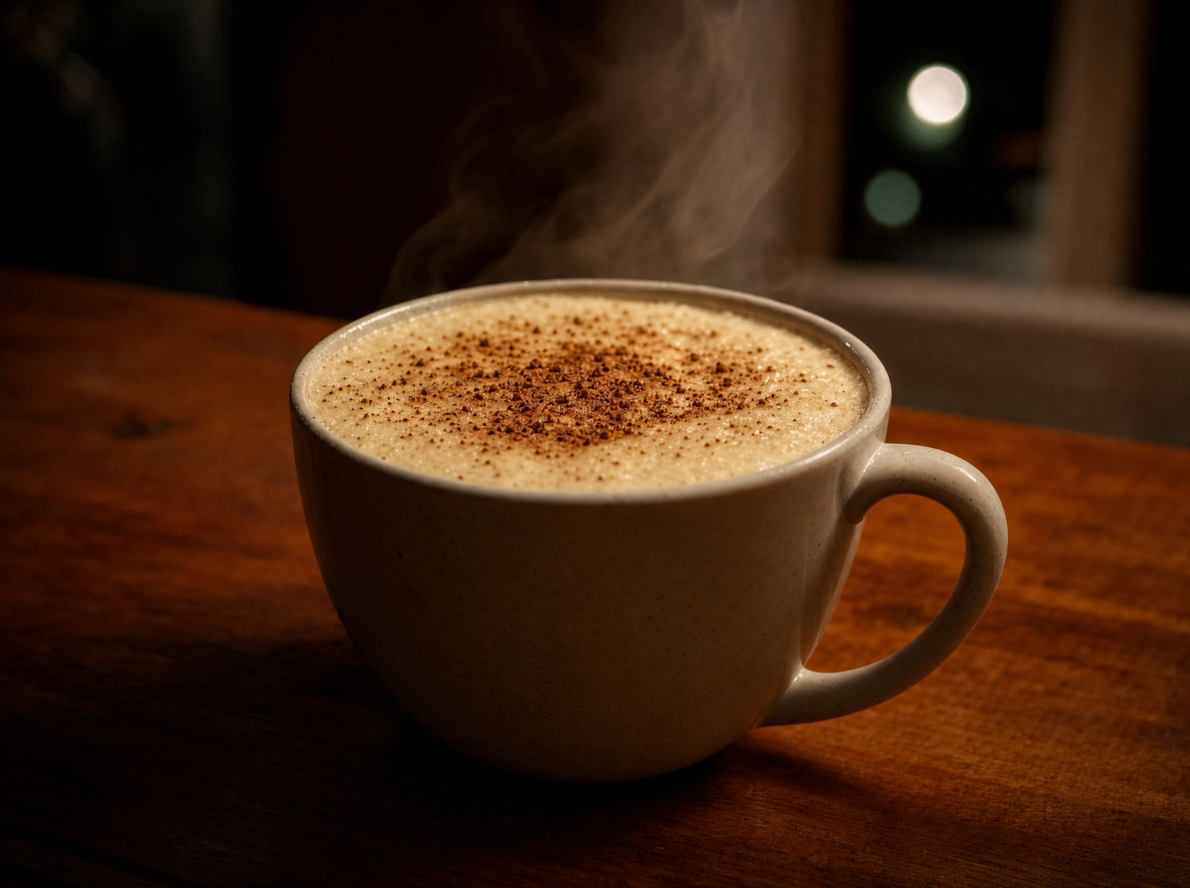 A heatproof mug of frothy Tom and Jerry topped with grated nutmeg.