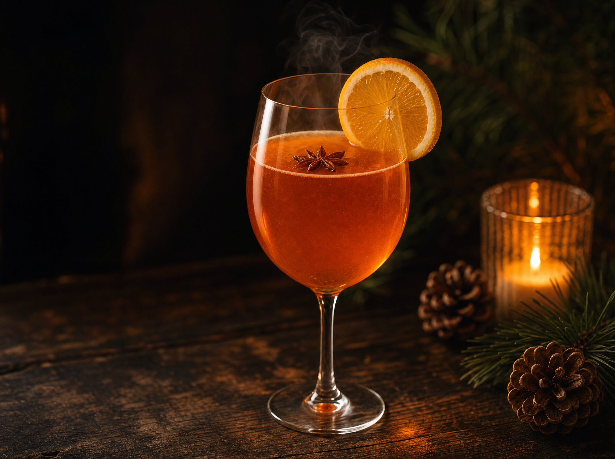 A warm Aperol Spritz in a stemmed glass with an orange slice and a star anise